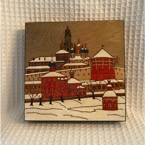 Vintage Carved & Painted Russian Scene Wooden Box